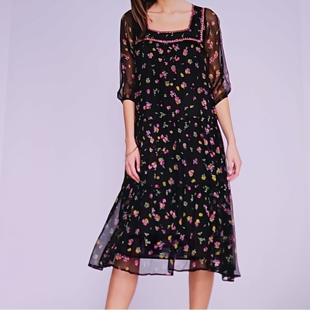 Johnny Was 100% Silk Black Floral Jade Collection Long Sleeve Boho Dress XL